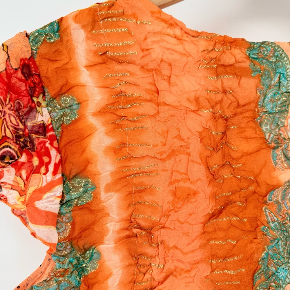Alberto Makali Y2K Silk Look Orange Floral Crinkle Mesh Top Blouse Large L Boho - Picture 9 of 15